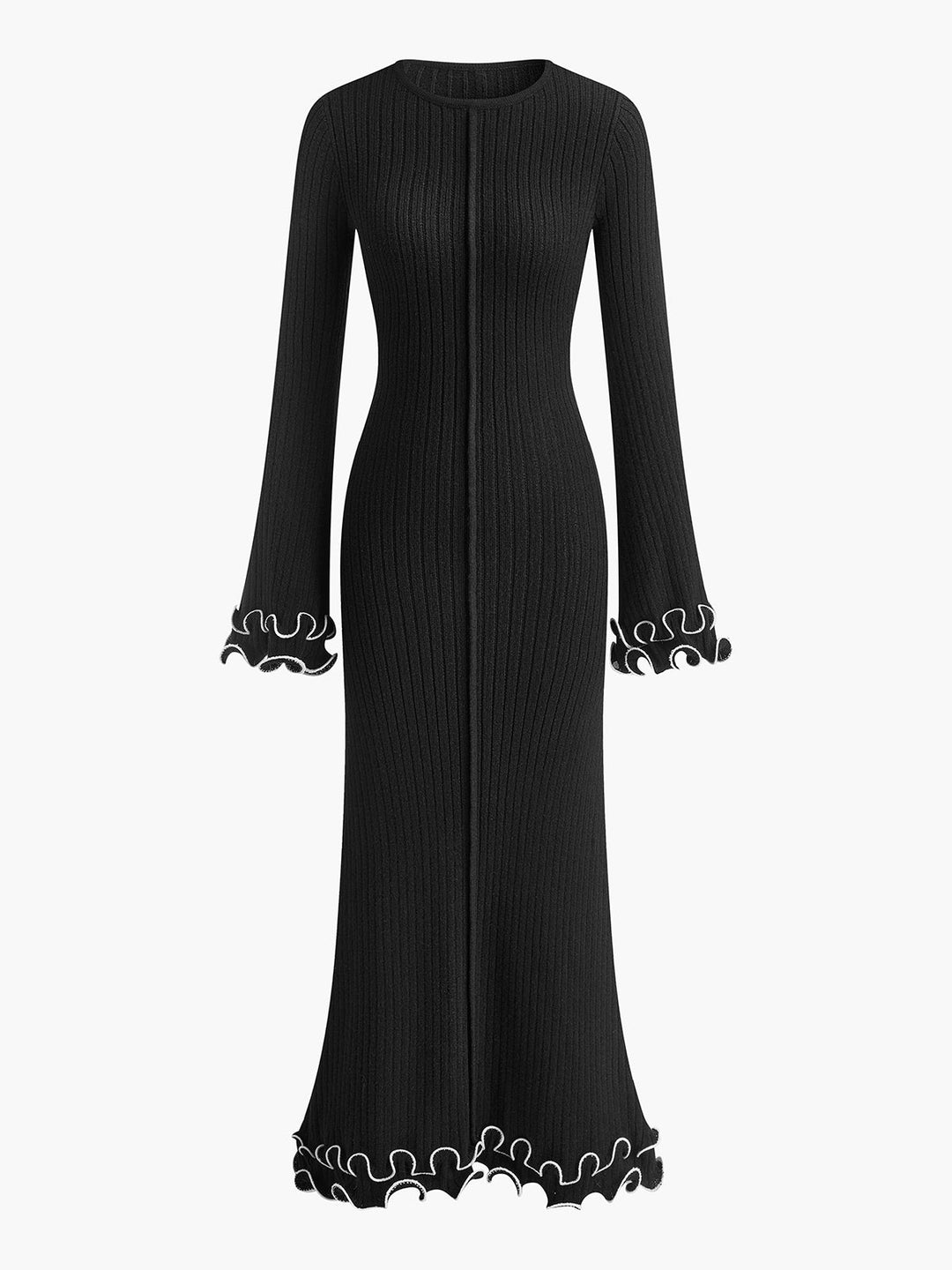 Semi-Sheer Piping Ruffle Drawstring Knit Dress  Liora Lane Boutique Knit Dresses Black / XL 137.99