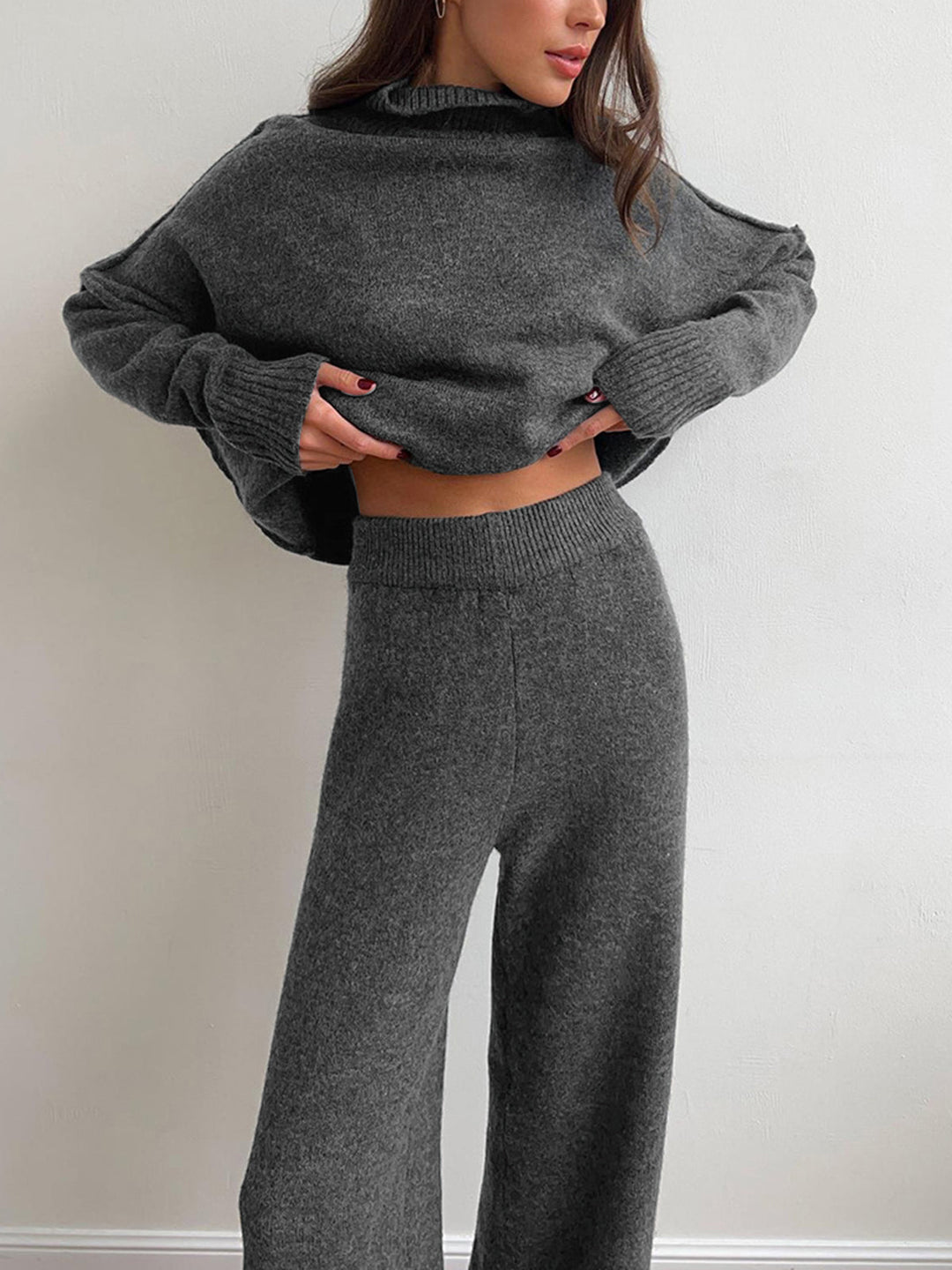 Plain Turtleneck Knit Pants Set  Liora Lane Boutique Pant Sets Grey / XL 177.99