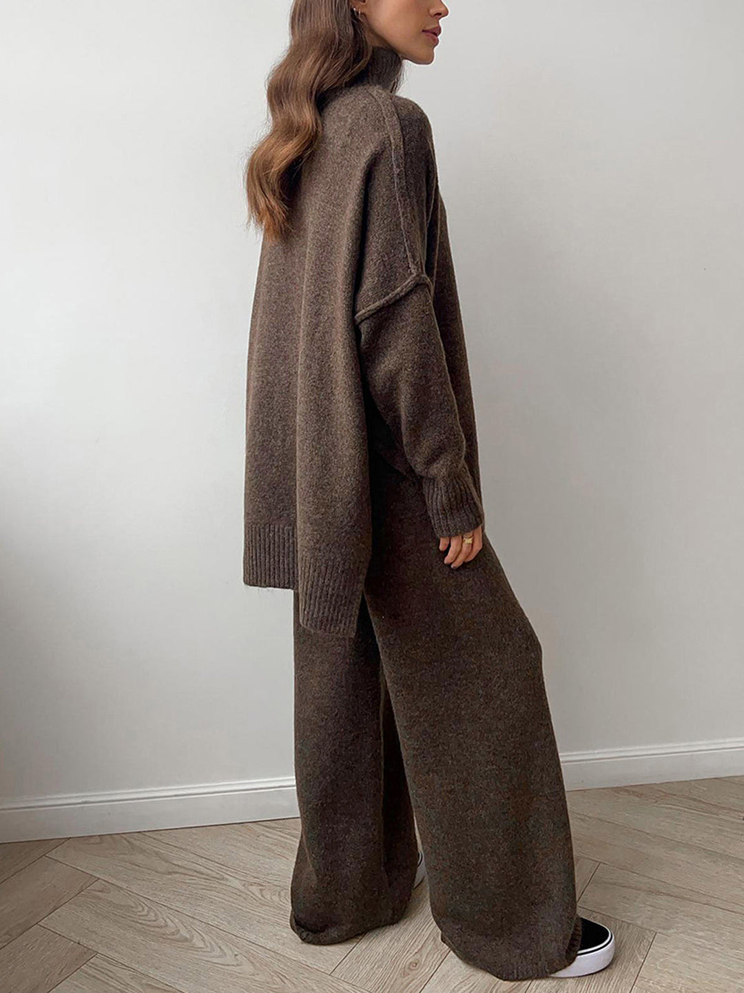 Plain Turtleneck Knit Pants Set  Liora Lane Boutique Pant Sets Dark Brown / XL 177.99