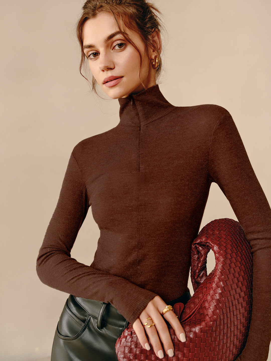 Turtleneck Ribbed Zipper T-Shirt  Liora Lane Boutique T-Shirts Brown / XL 22.00