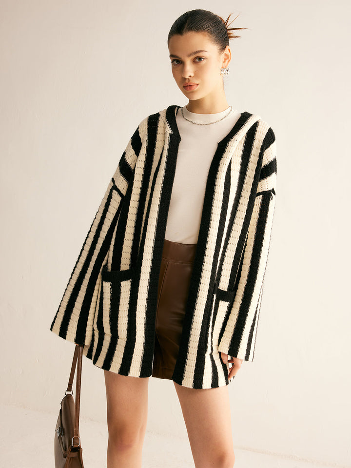 Contrast Pinstripe Hooded Cardigan  Liora Lane Boutique Cardigans BlackandWhite / L 79.99