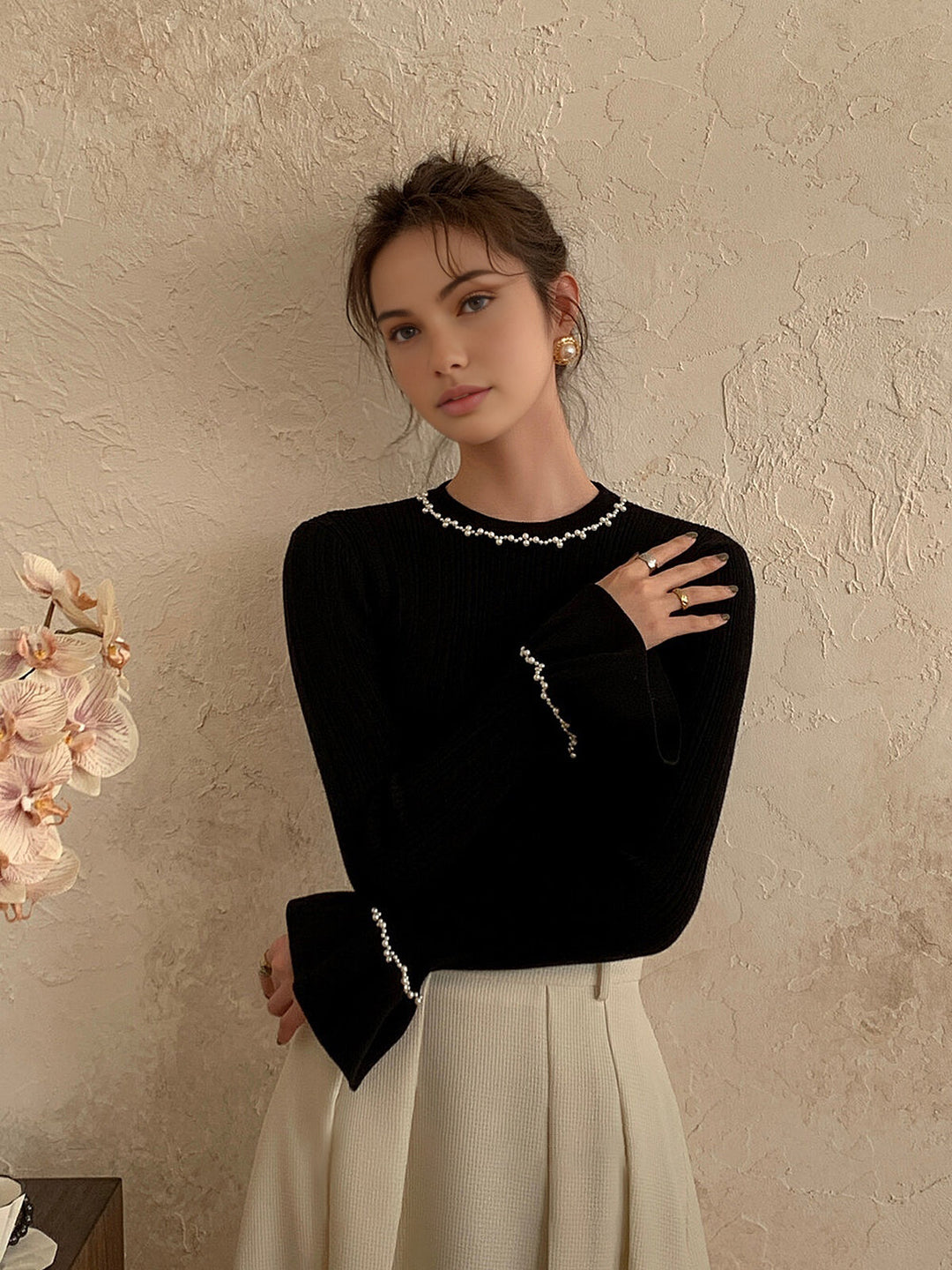 Beaded-Decor Ruffle Knit Top  Liora Lane Boutique Knit Tops