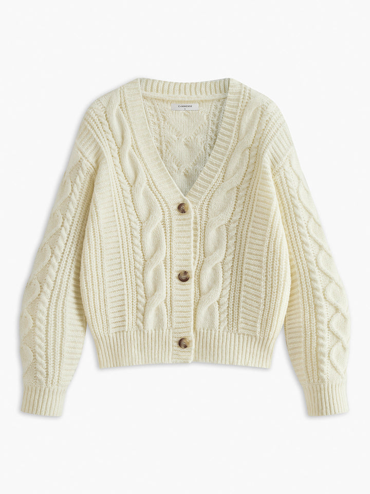 V-Neck Button Mechanism Cable Cardigan  Liora Lane Boutique Cardigans White / XL 45.00