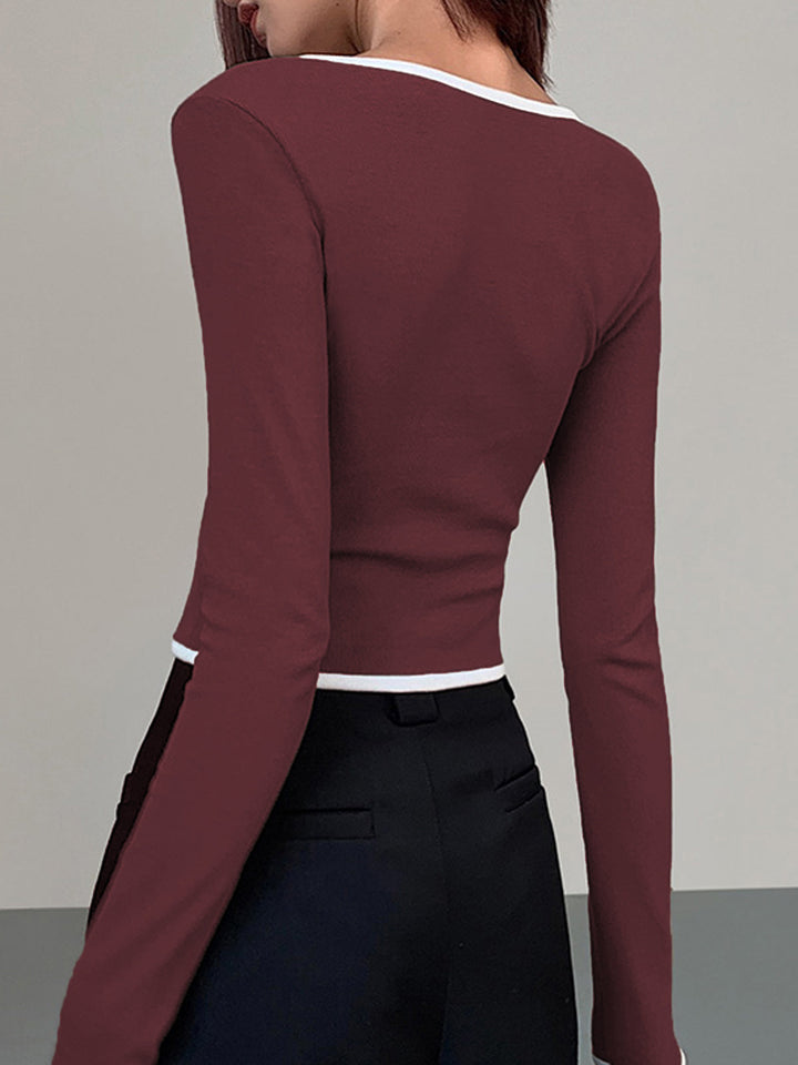 Square Neck Contrast Trim Long Sleeve Knit Shirt  Liora Lane Boutique T-Shirts