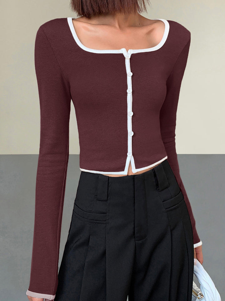 Square Neck Contrast Trim Long Sleeve Knit Shirt  Liora Lane Boutique T-Shirts Burgundy / XL 25.00