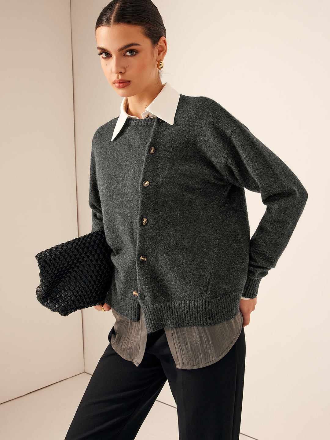 Asymmetrical Button-Down Crew Neck Cardigan  Liora Lane Boutique Cardigans