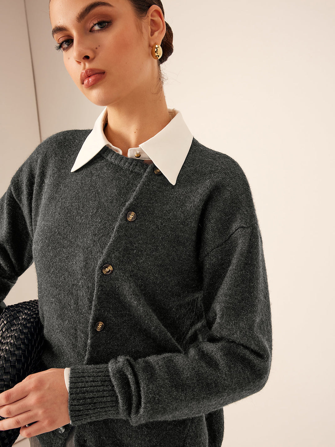 Asymmetrical Button-Down Crew Neck Cardigan  Liora Lane Boutique Cardigans