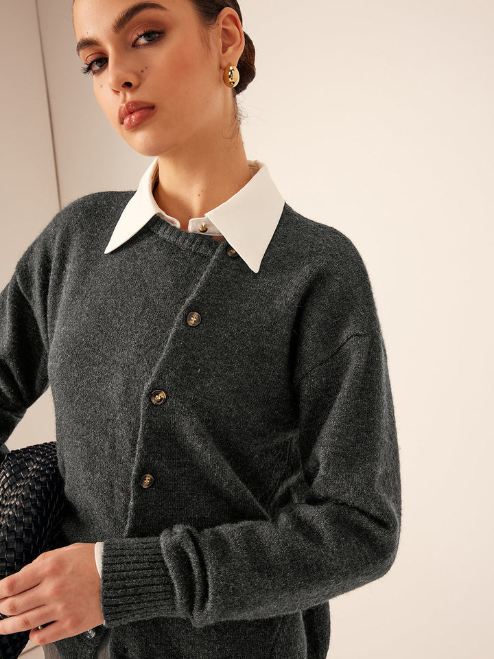 Asymmetrical Button-Down Crew Neck Cardigan  Liora Lane Boutique Cardigans