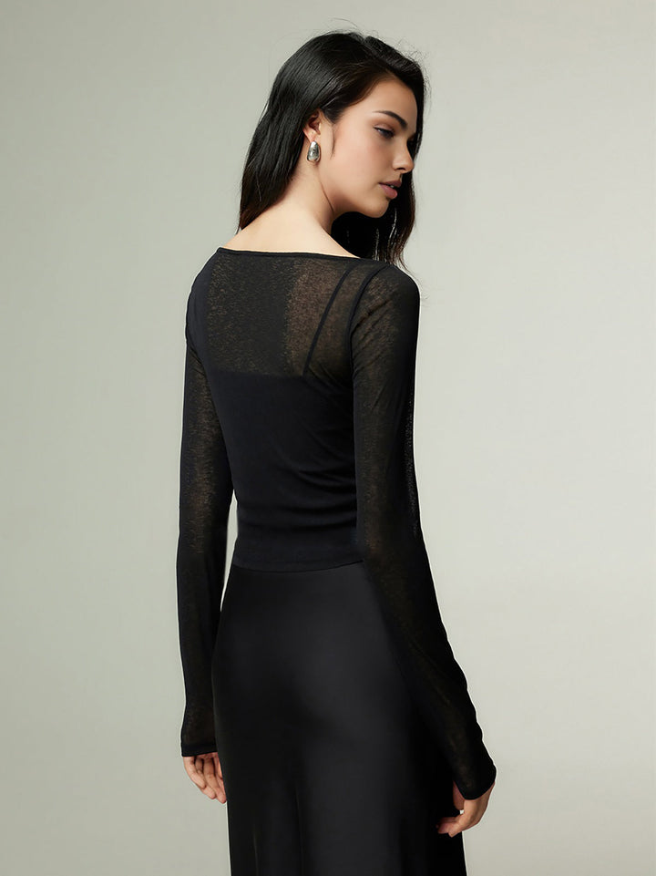 Straight Neck Sheer Panel Jersey Top  Liora Lane Boutique T-Shirts