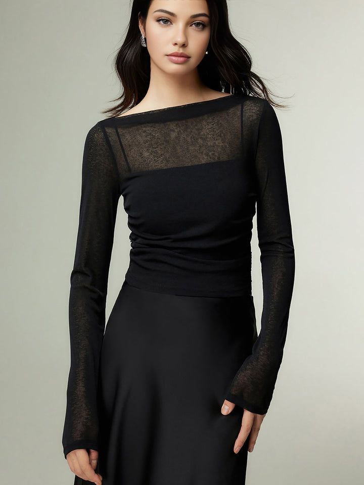 Straight Neck Sheer Panel Jersey Top  Liora Lane Boutique T-Shirts