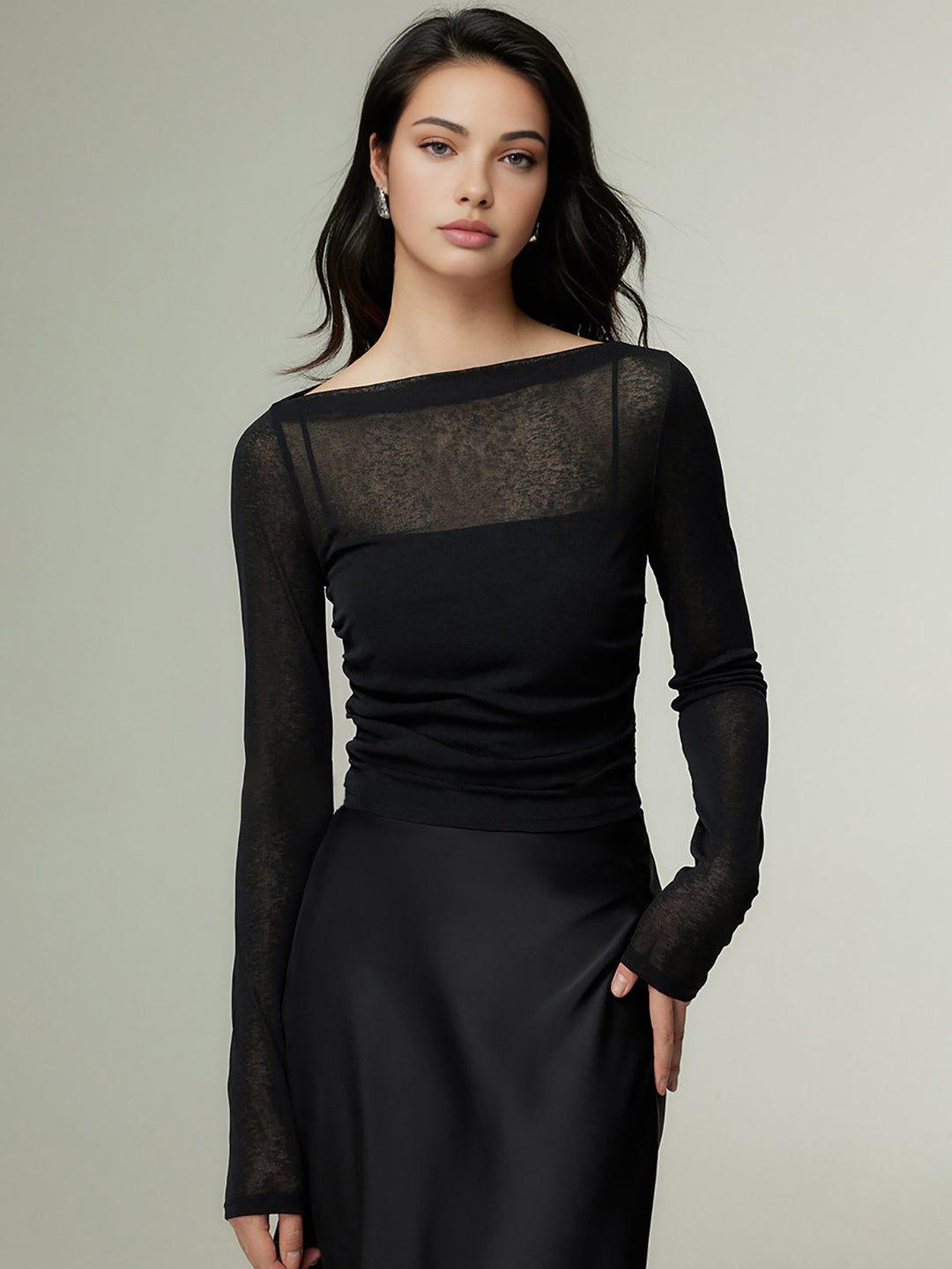 Straight Neck Sheer Panel Jersey Top  Liora Lane Boutique T-Shirts Black / XL 19.00