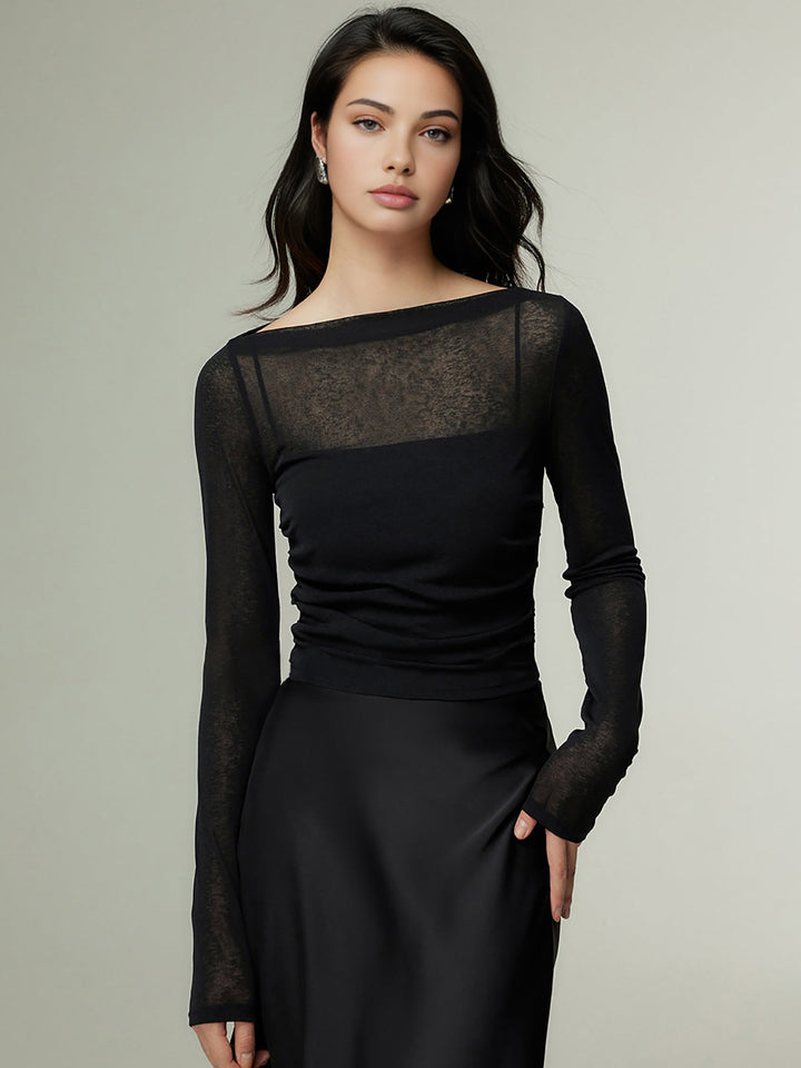 Straight Neck Sheer Panel Jersey Top  Liora Lane Boutique T-Shirts Black / XL 19.00