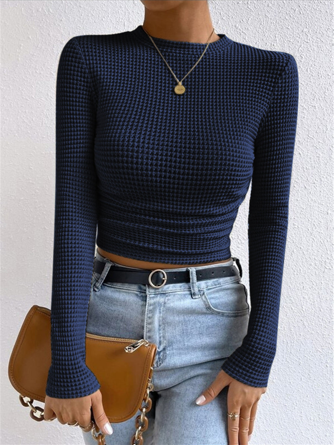 Plain Waffle Slim Sweater  Liora Lane Boutique T-Shirts Navy / XL 28.00