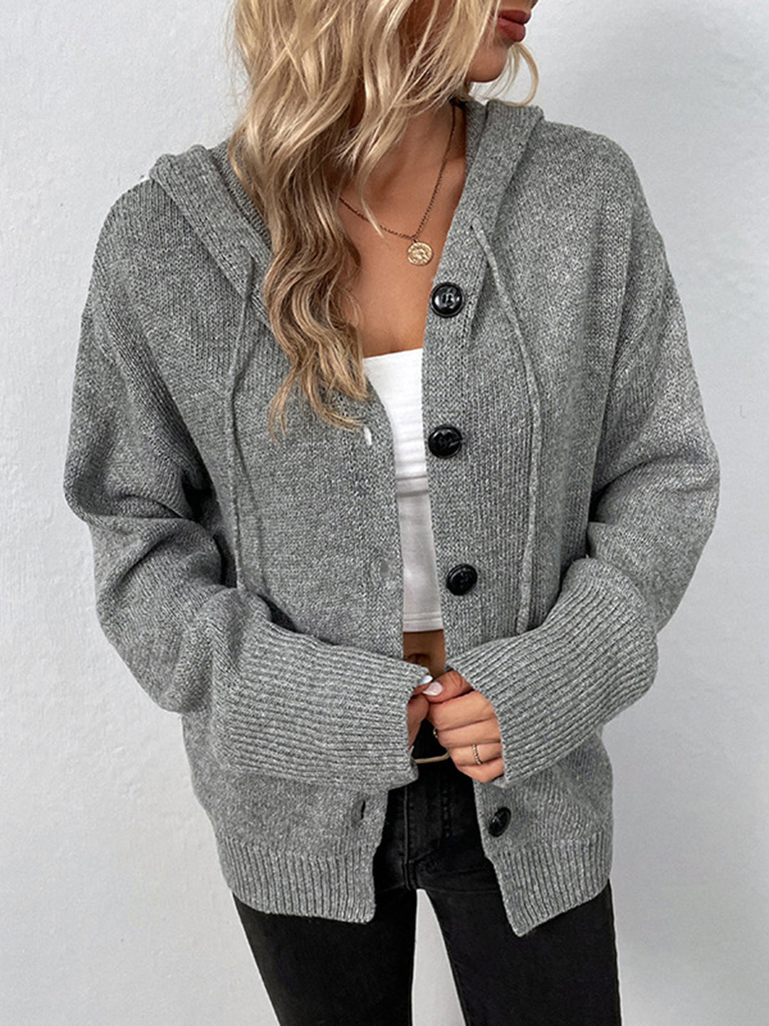 Button Drawstring Hooded Cardigan  Liora Lane Boutique Cardigans