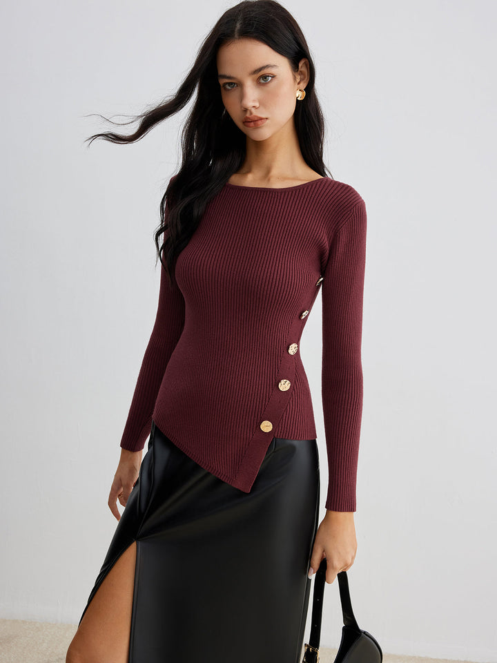 Asymmetrical Ribbed Slim Sweater  Liora Lane Boutique Sweaters Burgundy / XL 36.00