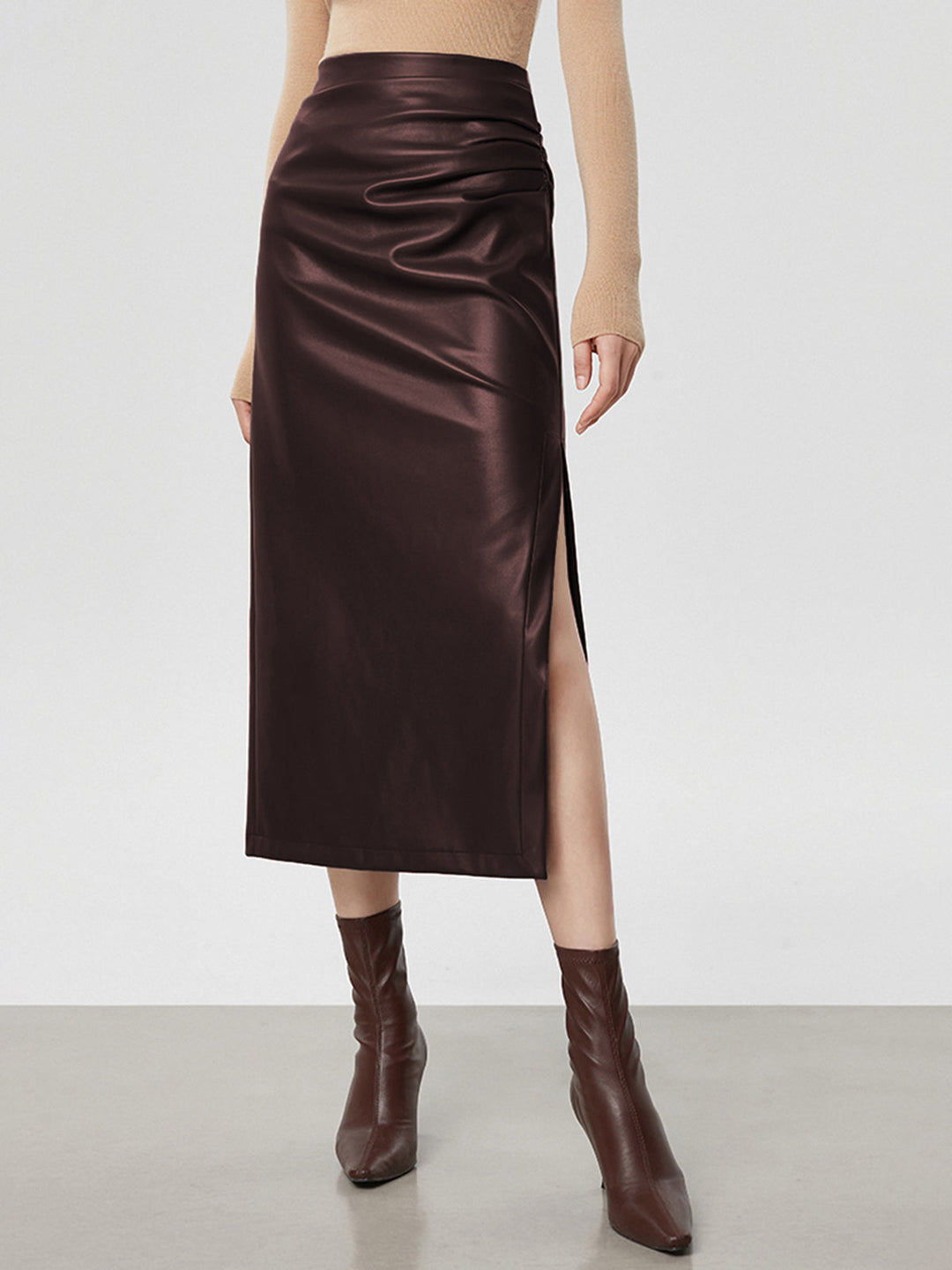 Faux Leather Ruched Slit Midi Skirt  Liora Lane Boutique Skirts Burgundy / XL 35.00