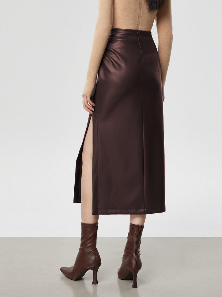 Faux Leather Ruched Slit Midi Skirt  Liora Lane Boutique Skirts