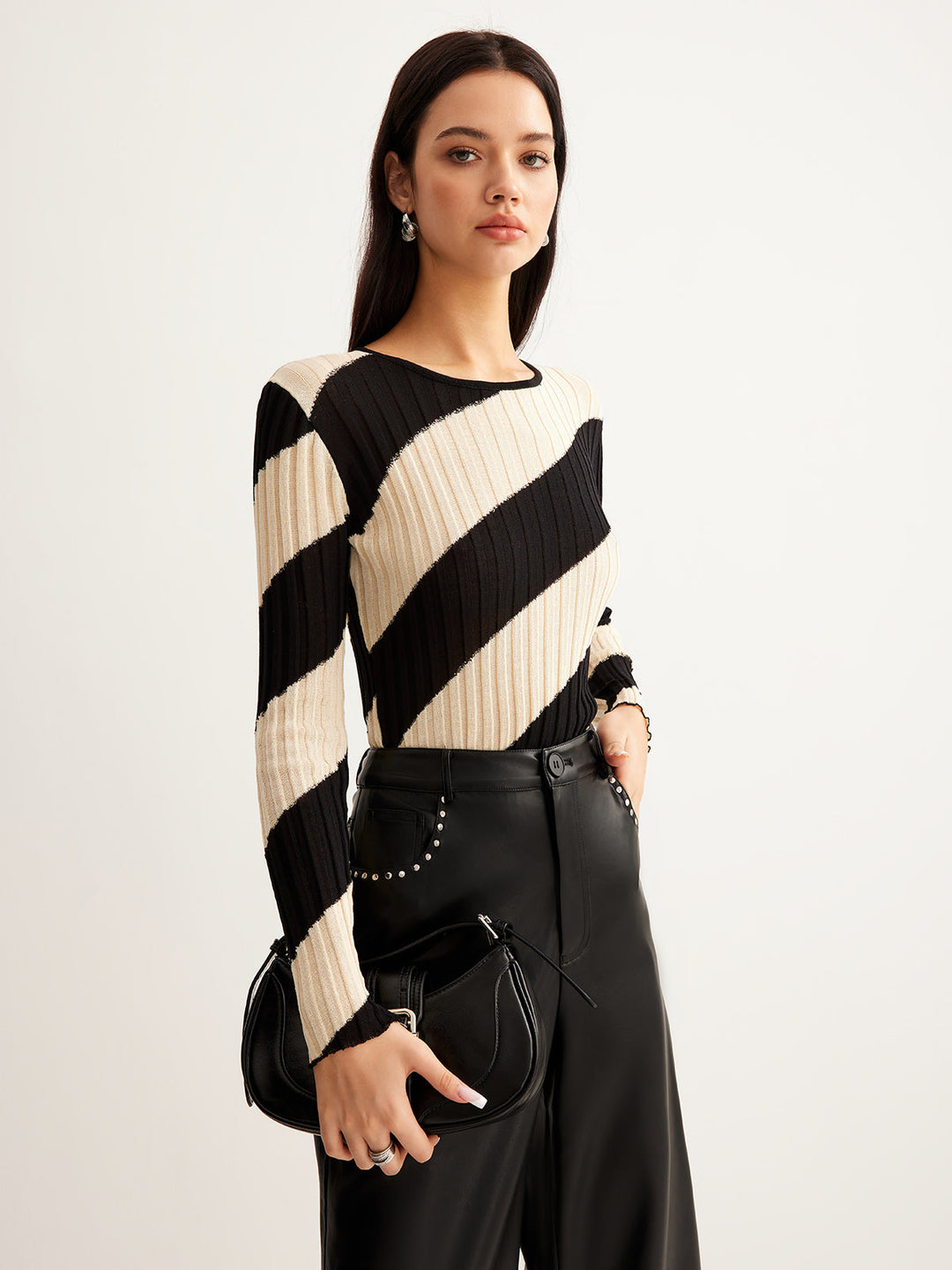 Asymmetrical Striped Slim Knit Top  Liora Lane Boutique Knit Tops Black / XL 38.00