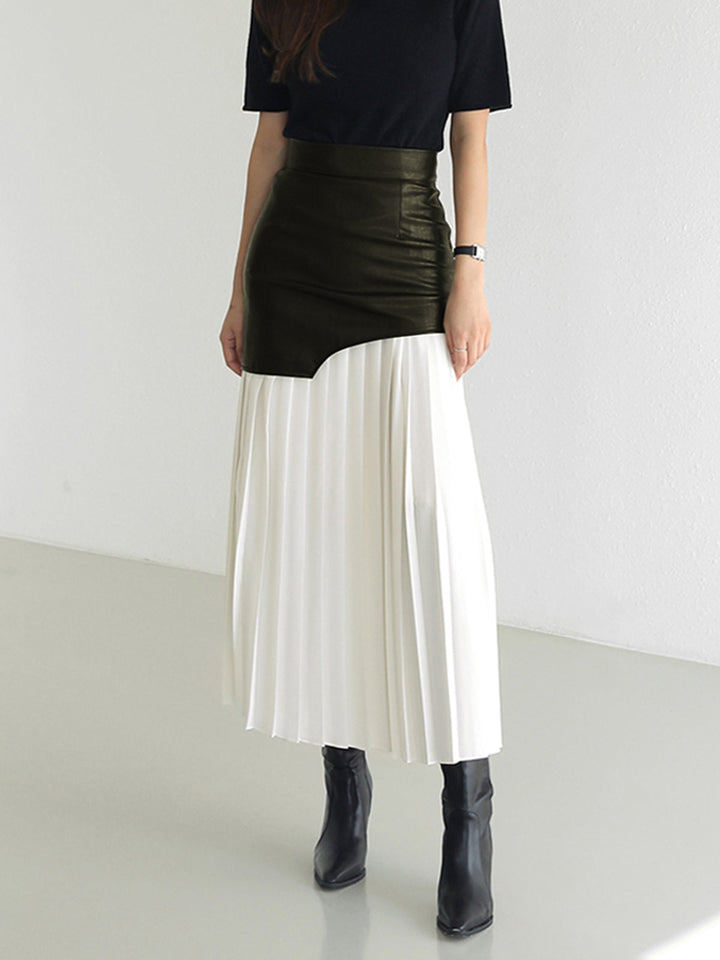 Asymmetric Patchwork Faux Leather Chiffon Pleated Maxi Skirt  Liora Lane Boutique Skirts