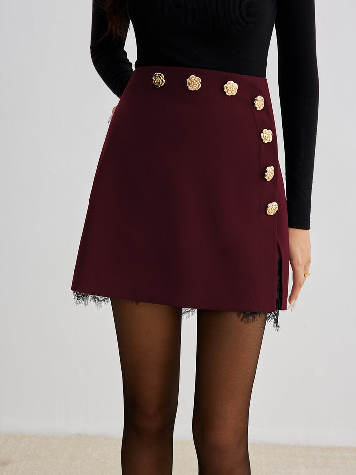 Lace Trim Metal-Flower Zipper Skirt  Liora Lane Boutique Skirts Burgundy / XL 38.00