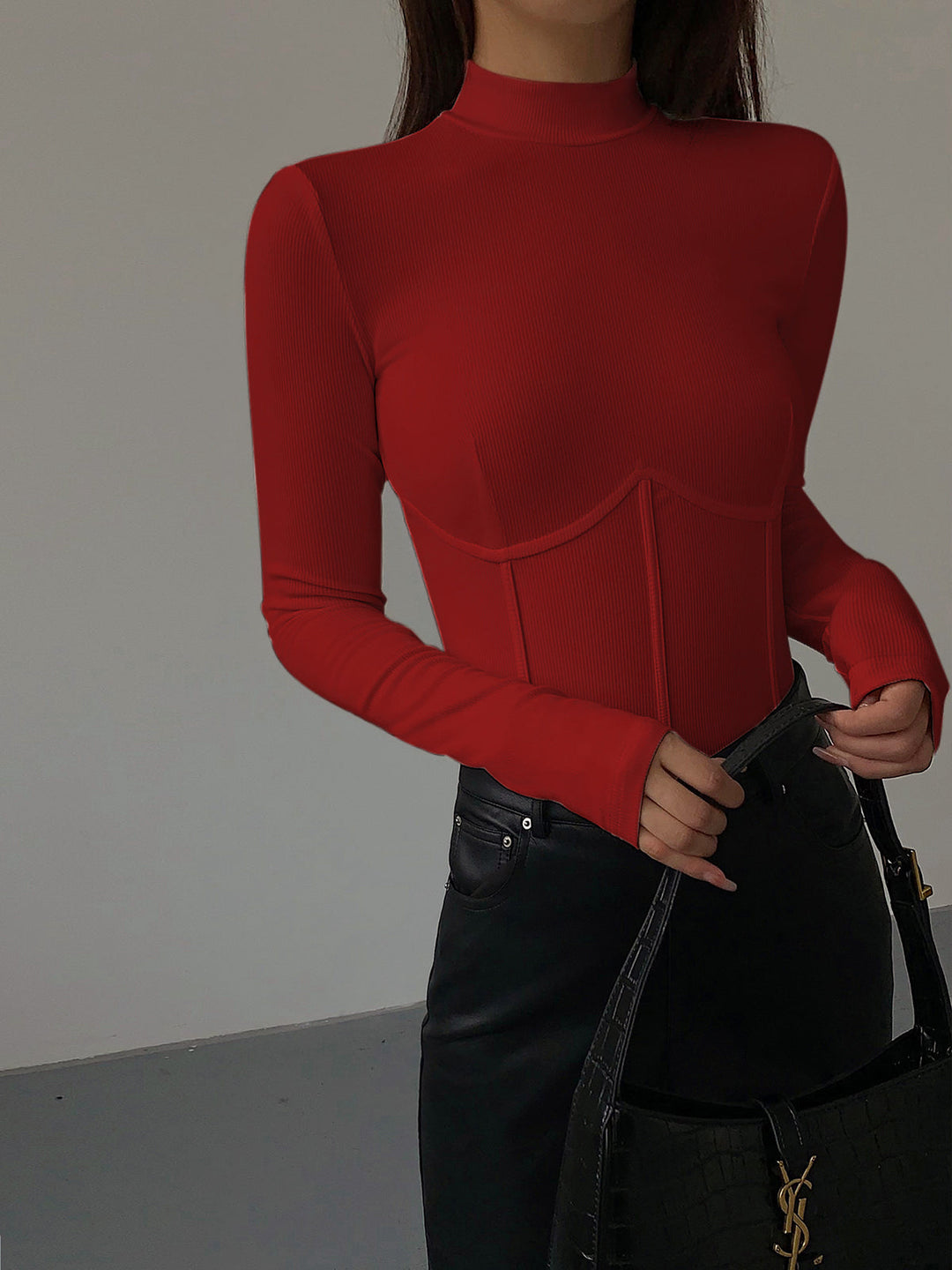 Mock Neck Piping Slim T-Shirt  Liora Lane Boutique T-Shirts Red / XL 28.00