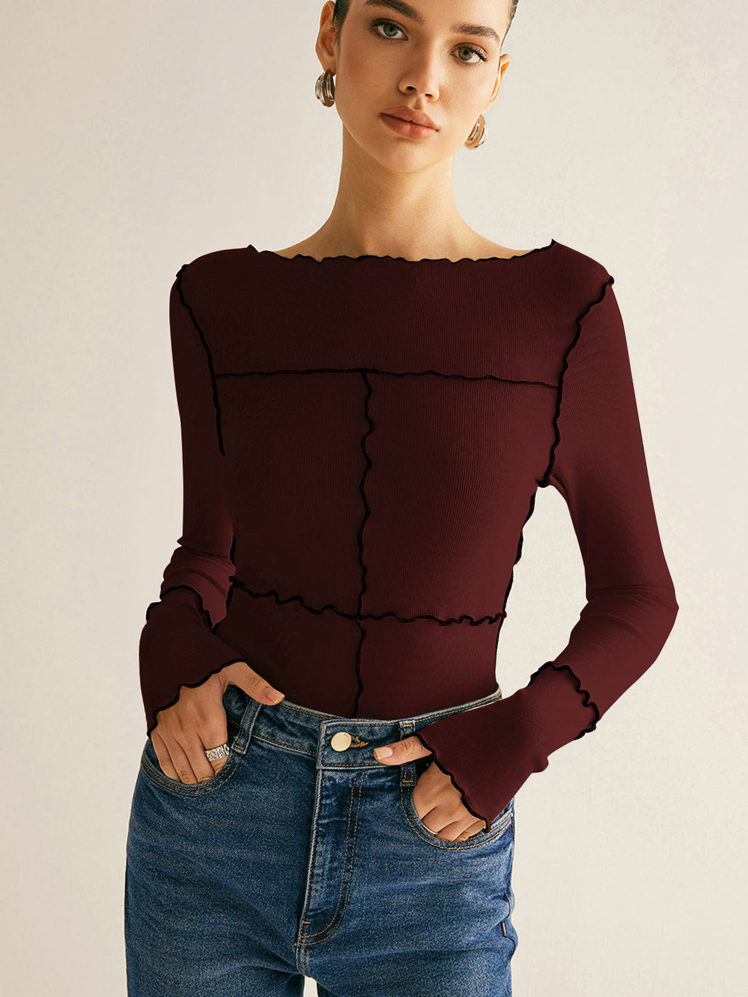 Lettuce Trim Long Sleeve Slim T-Shirt  Liora Lane Boutique T-Shirts Burgundy / XL 28.00