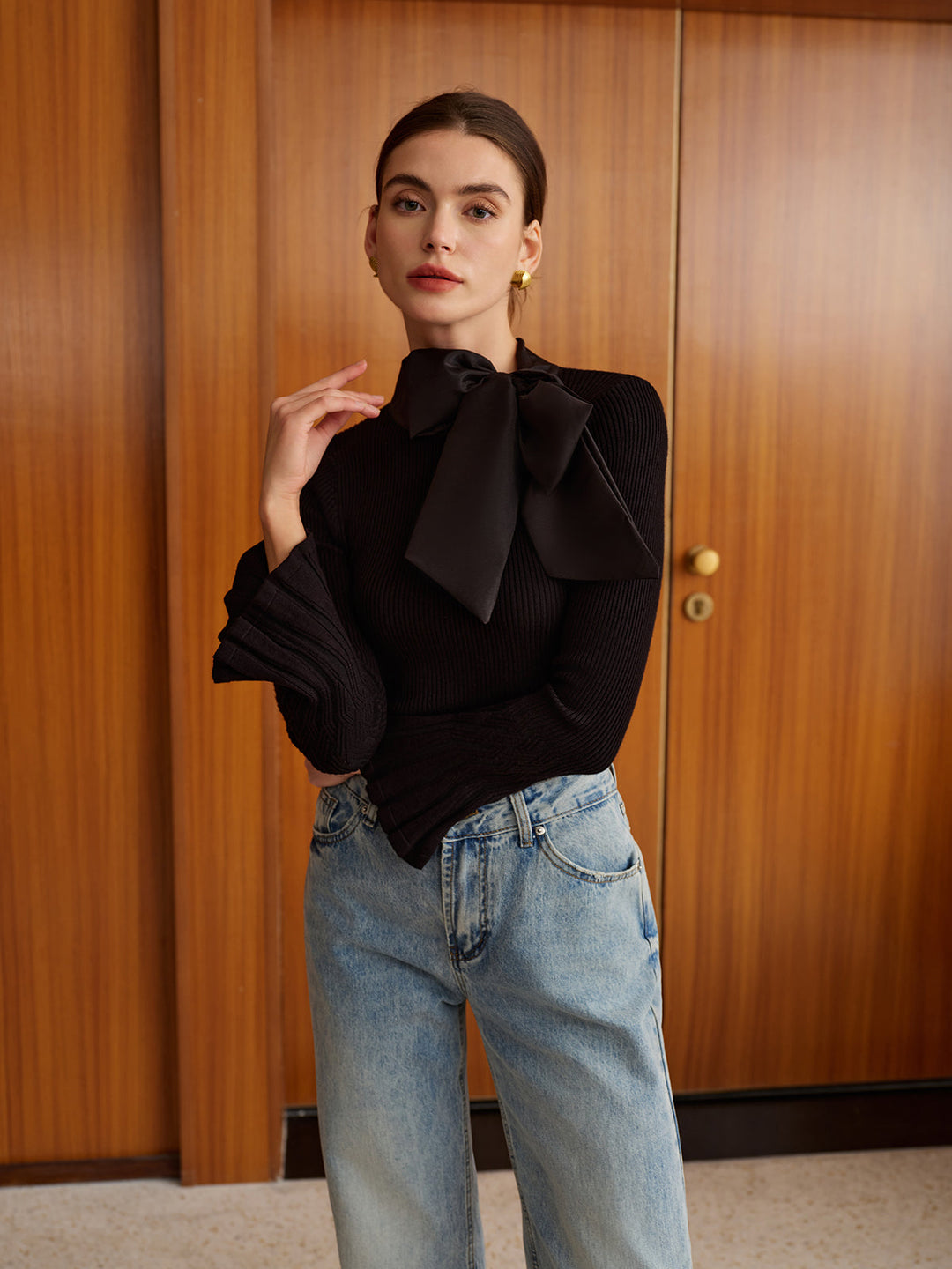 Bow Decor Bell Sleeve Knit Top  Liora Lane Boutique Knit Tops