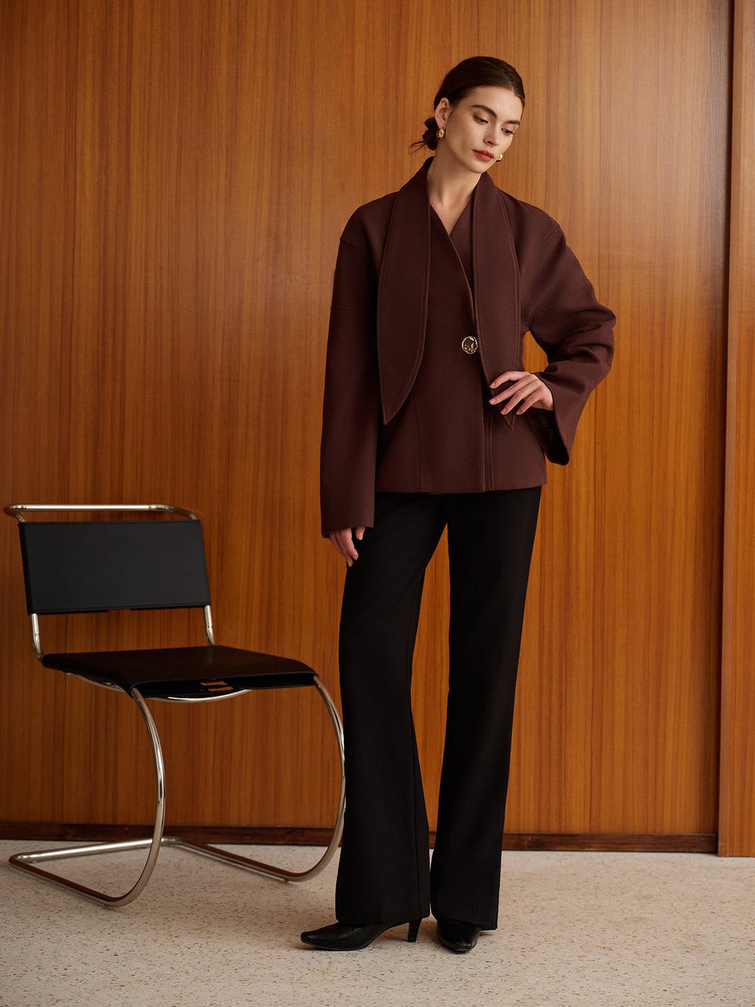 Plain Metal-Button Coat With Scarf  Liora Lane Boutique Wool Coats