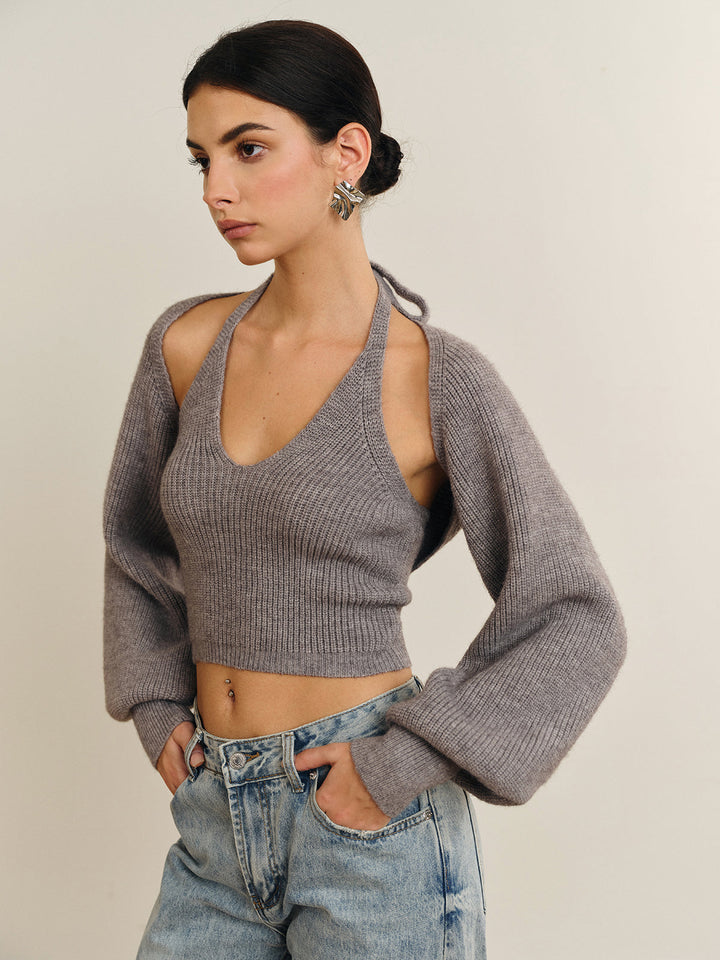 Bee Sleeve Halter Sweater Co-ords  Liora Lane Boutique Sweater Co-ords Grey / XL 49.00