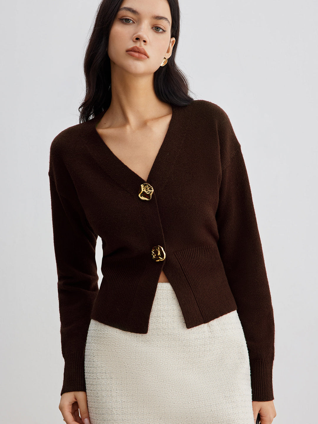 Elegant Metal Button Short Cardigan  Liora Lane Boutique Cardigans Dark Brown / XL 39.00