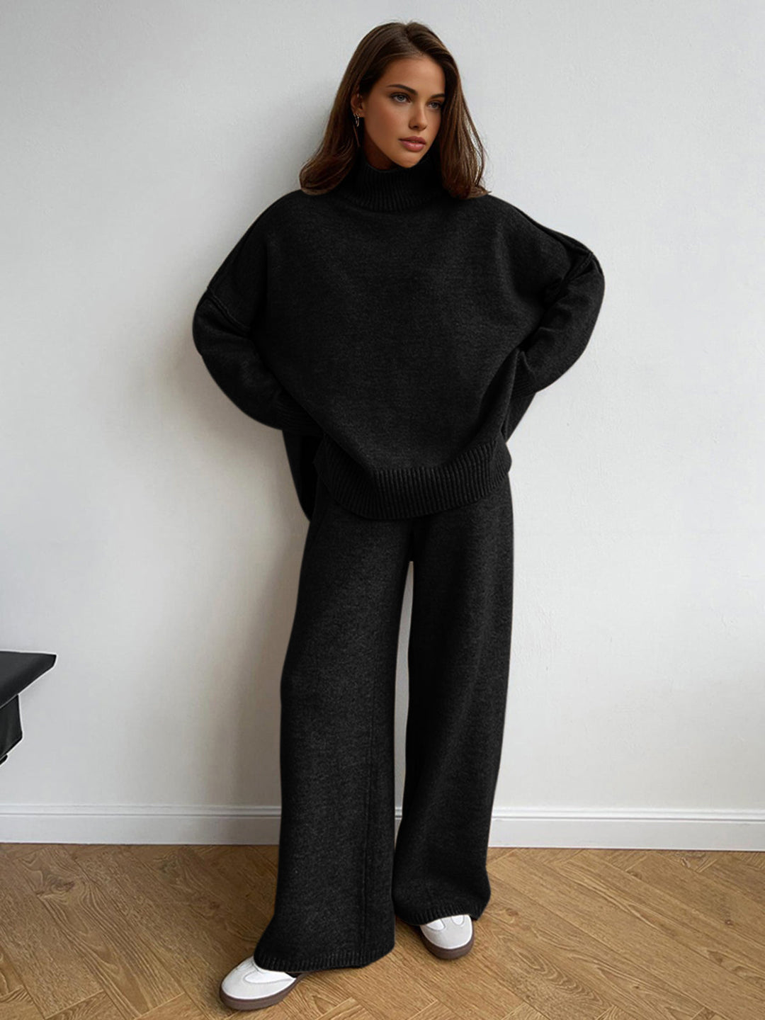 Plain Turtleneck Knit Pants Set  Liora Lane Boutique Pant Sets Black / XL 177.99