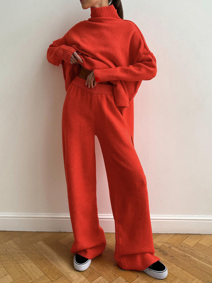 Plain Turtleneck Knit Pants Set  Liora Lane Boutique Pant Sets Red / XL 177.99