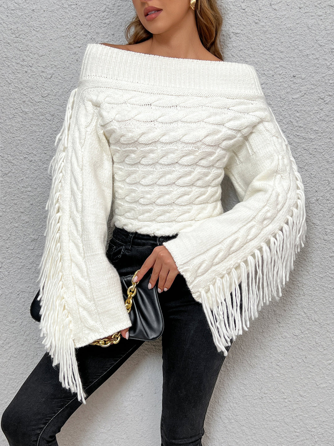 Beheme Off-Shoulder Tassel Sweater  Liora Lane Boutique Sweaters White / XL 59.00