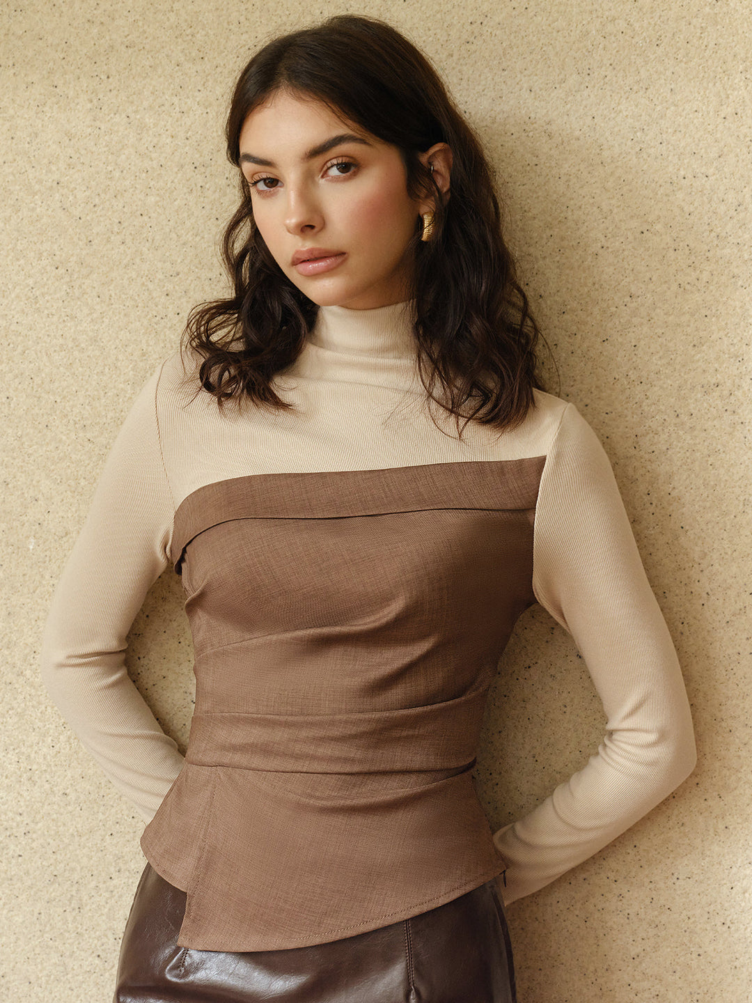 Color Block Pleated Panel T-Shirt  Liora Lane Boutique T-Shirts Brown / XL 29.00