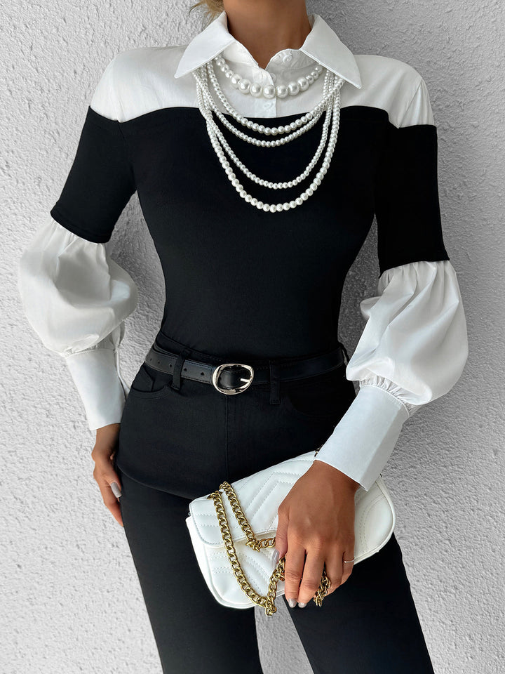 Color Block Skinny Lapel Top  Liora Lane Boutique T-Shirts BlackandWhite / XL 35.00