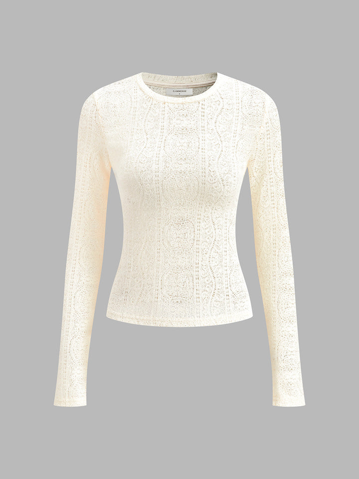Floral Hollow Knit Crew Neck Long Sleeve Top  Liora Lane Boutique T-Shirts