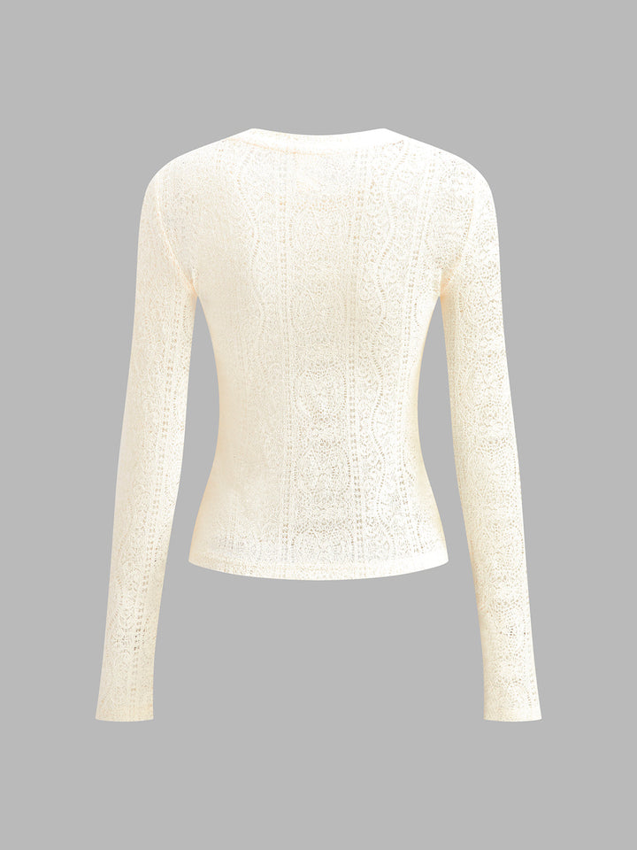 Floral Hollow Knit Crew Neck Long Sleeve Top  Liora Lane Boutique T-Shirts