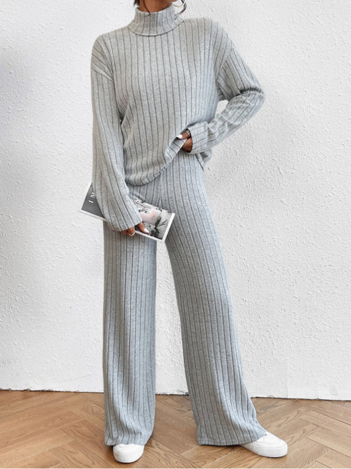 Mock Neck Ribbed Cozy Pants Set  Liora Lane Boutique Pant Sets Grey / XL 112.99