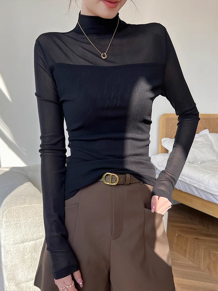 Mock Neck Sheer Mesh Panel T-Shirt  Liora Lane Boutique T-Shirts