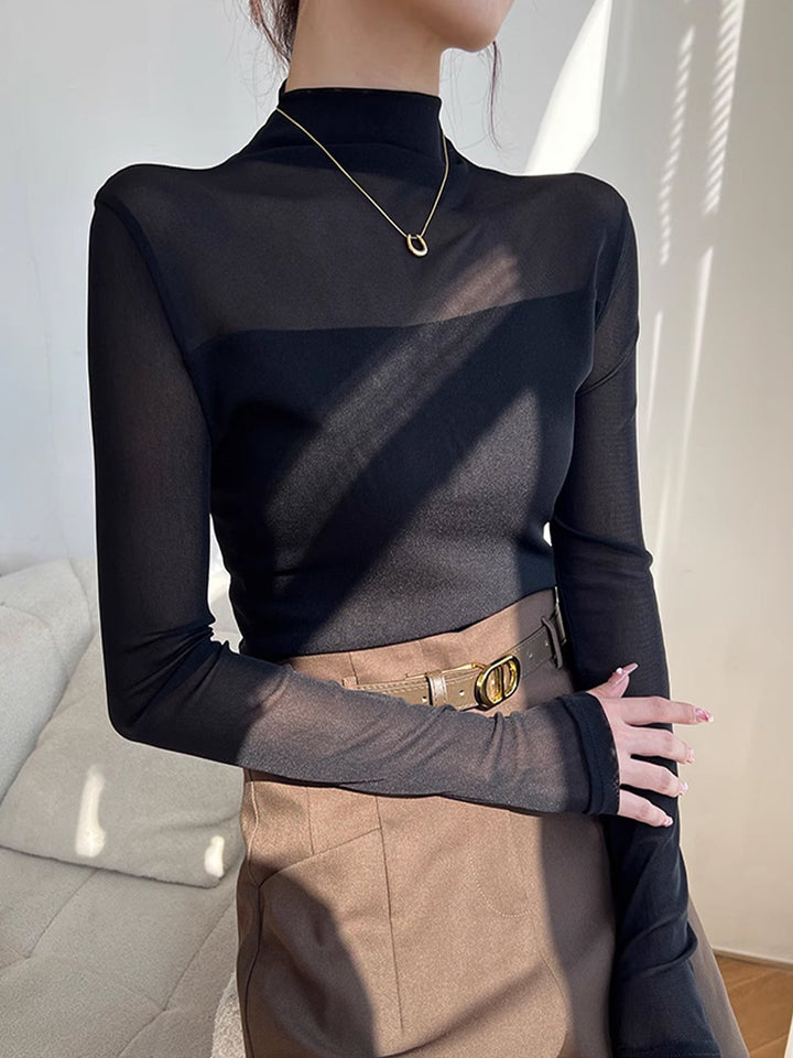 Mock Neck Sheer Mesh Panel T-Shirt  Liora Lane Boutique T-Shirts Black / XL 19.00