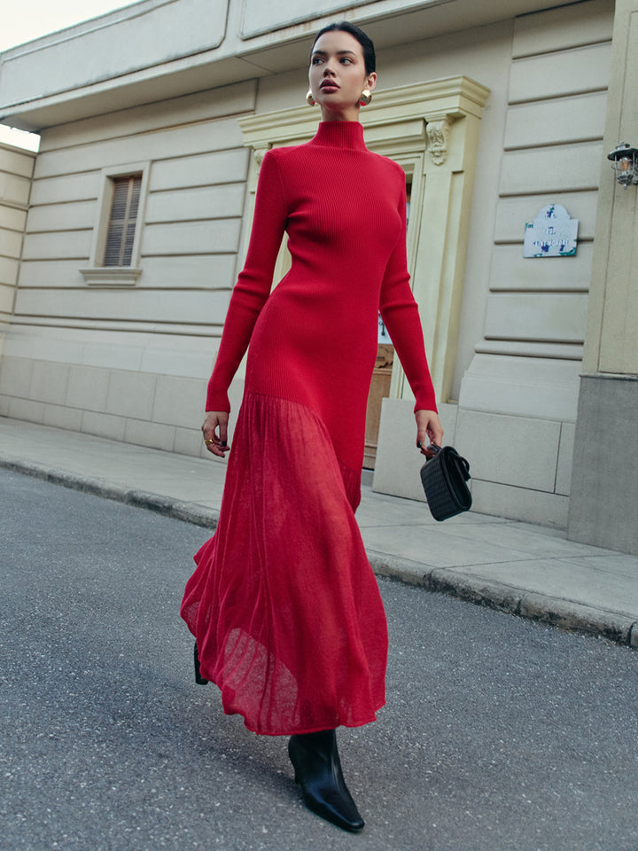 Mock Neck  Pleated Panel Sweater Dress  Liora Lane Boutique Sweater Dresses Red / XL 62.00
