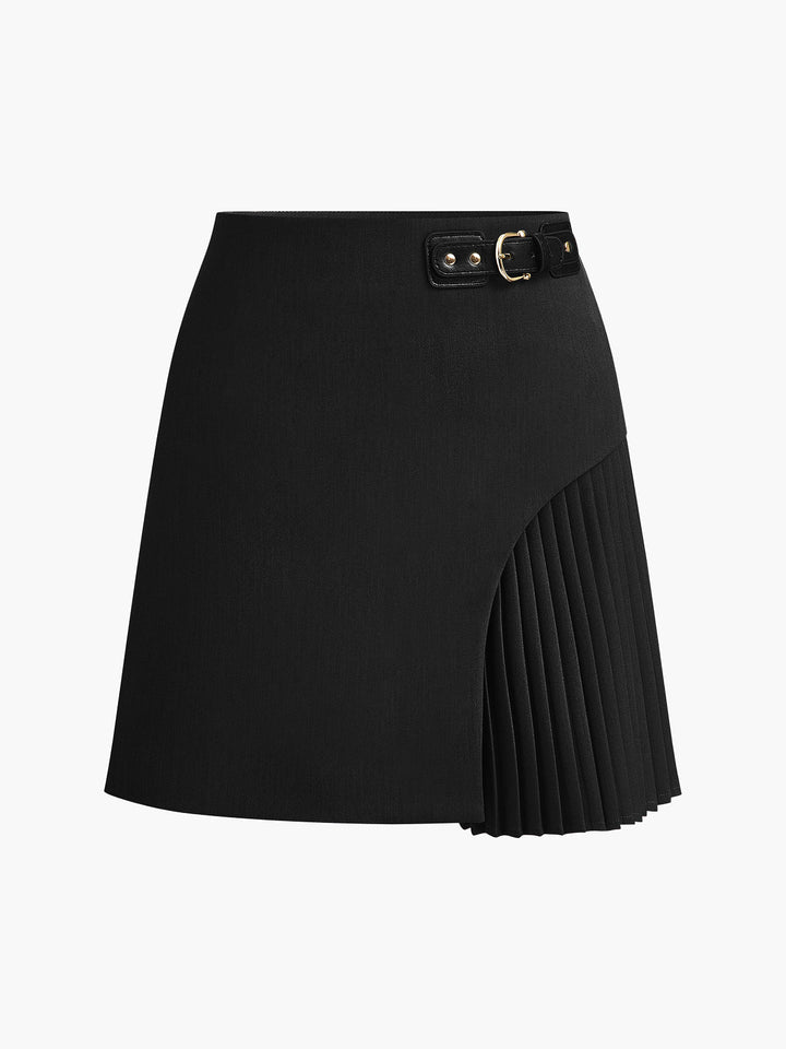 Side Pleated Buckle Belted Skirt  Liora Lane Boutique Skirts Black / XL 39.00