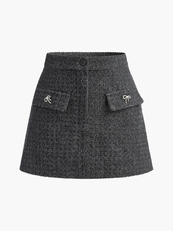 Metal Bow Denim Mini Skirt  Liora Lane Boutique Skirts Grey / XL 36.00