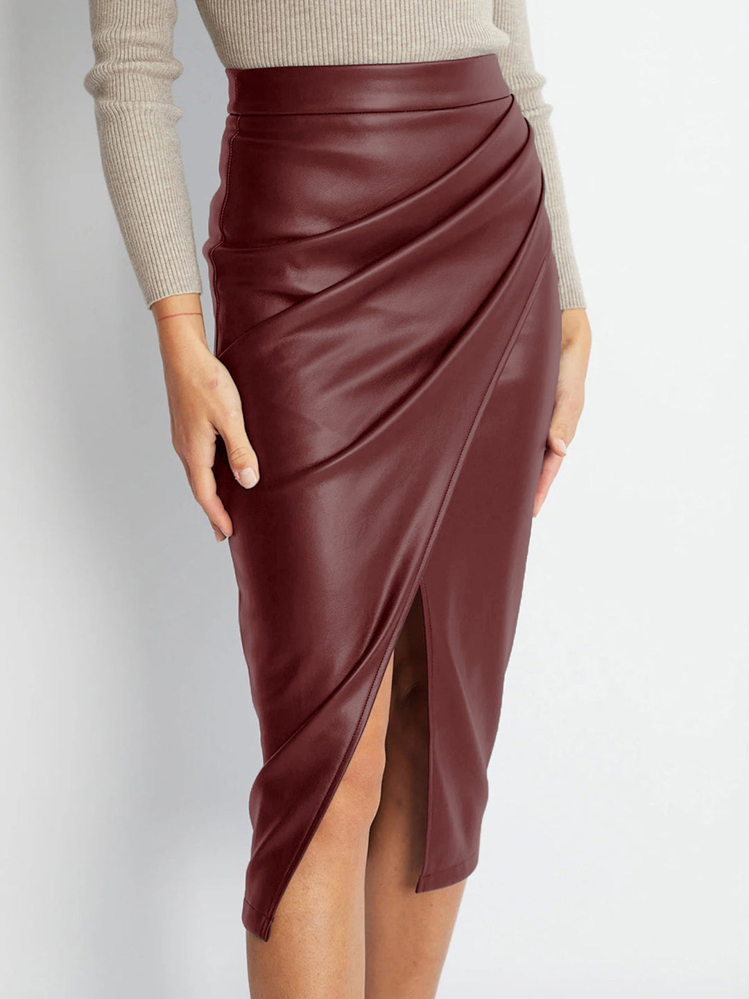 Pleated Split PU Leather Skirt  Liora Lane Boutique Skirts Burgundy / XL 35.00