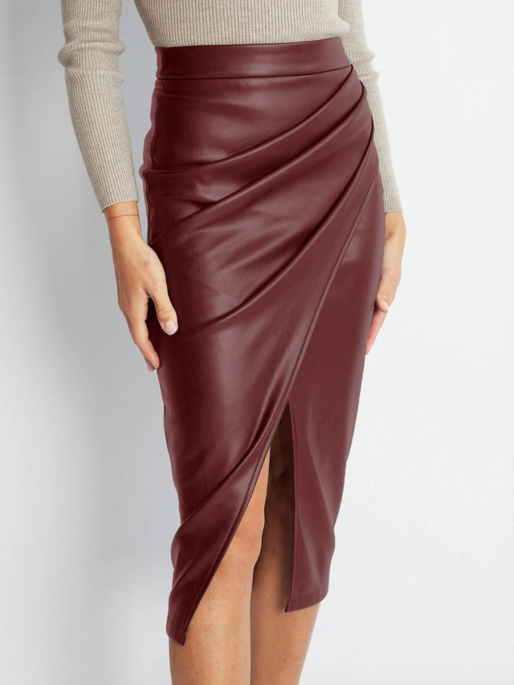 Pleated Split PU Leather Skirt  Liora Lane Boutique Skirts Burgundy / XL 35.00