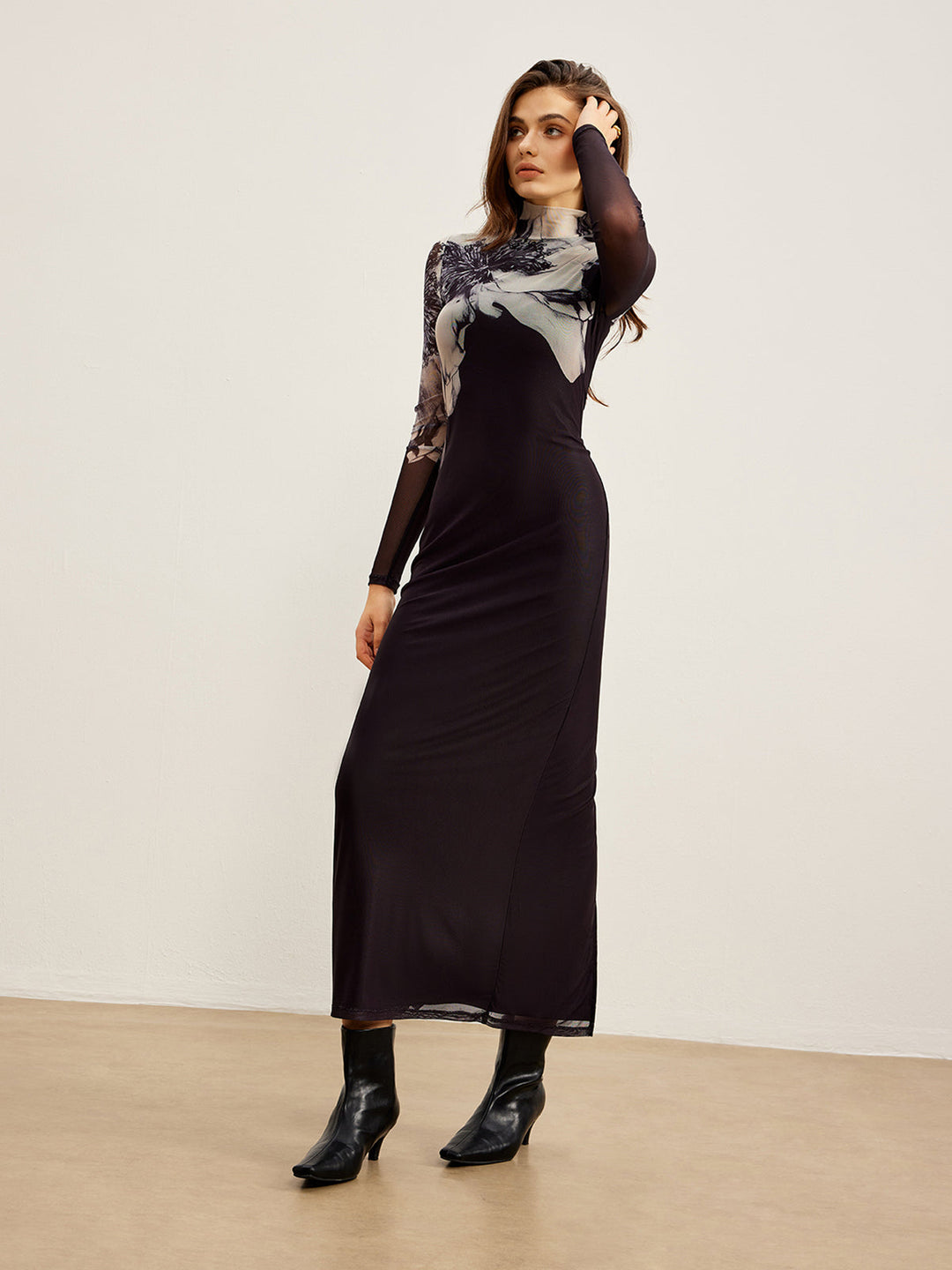Mock Neck Printed Mesh Dress  Liora Lane Boutique Dresses