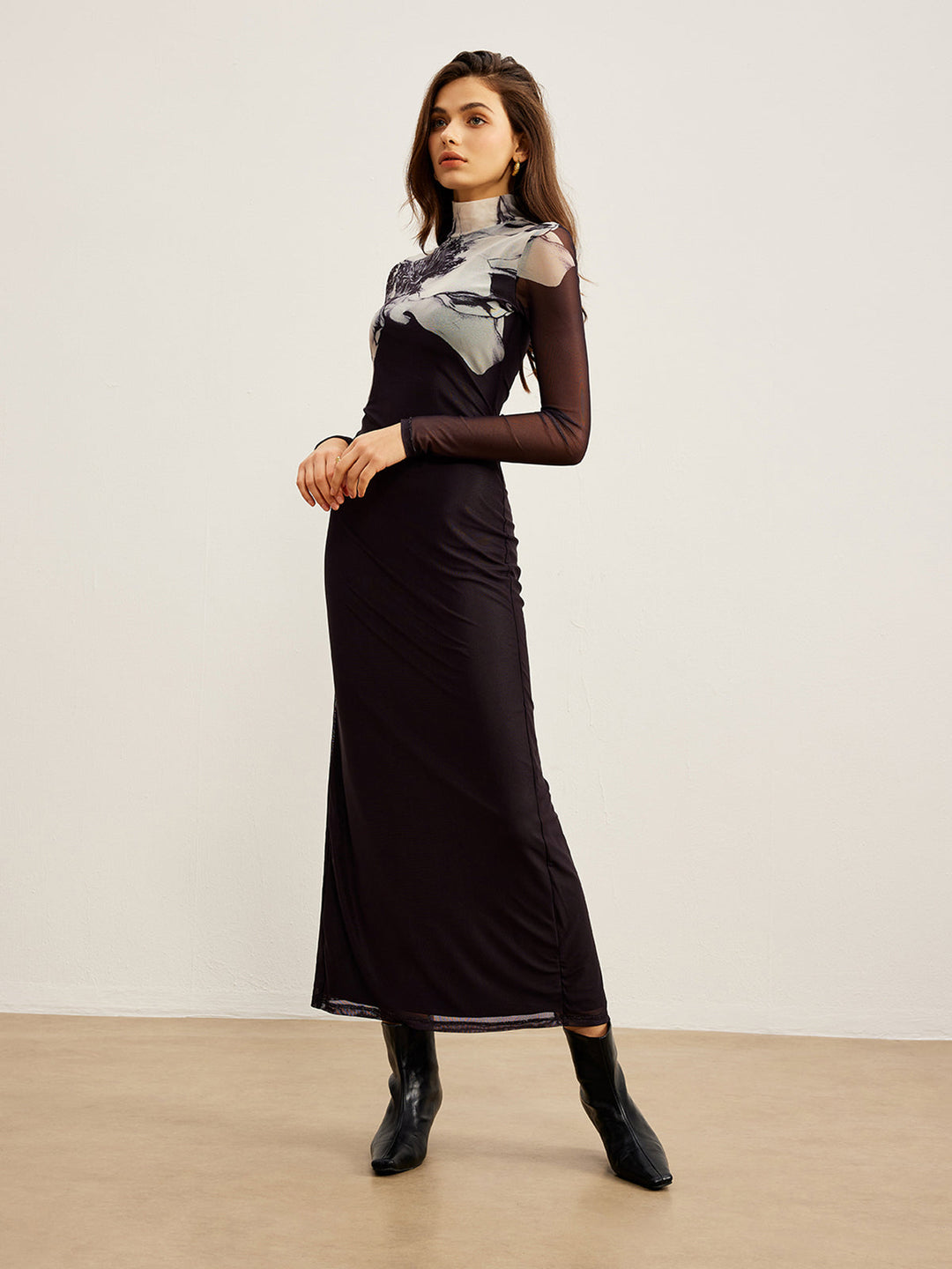Mock Neck Printed Mesh Dress  Liora Lane Boutique Dresses