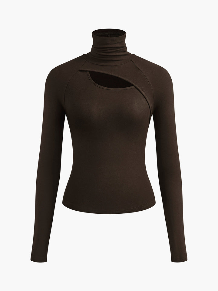 Asymmetric Cut Out Turtleneck Long Sleeve Slinky Top  Liora Lane Boutique T-Shirts Brown / XL 28.00