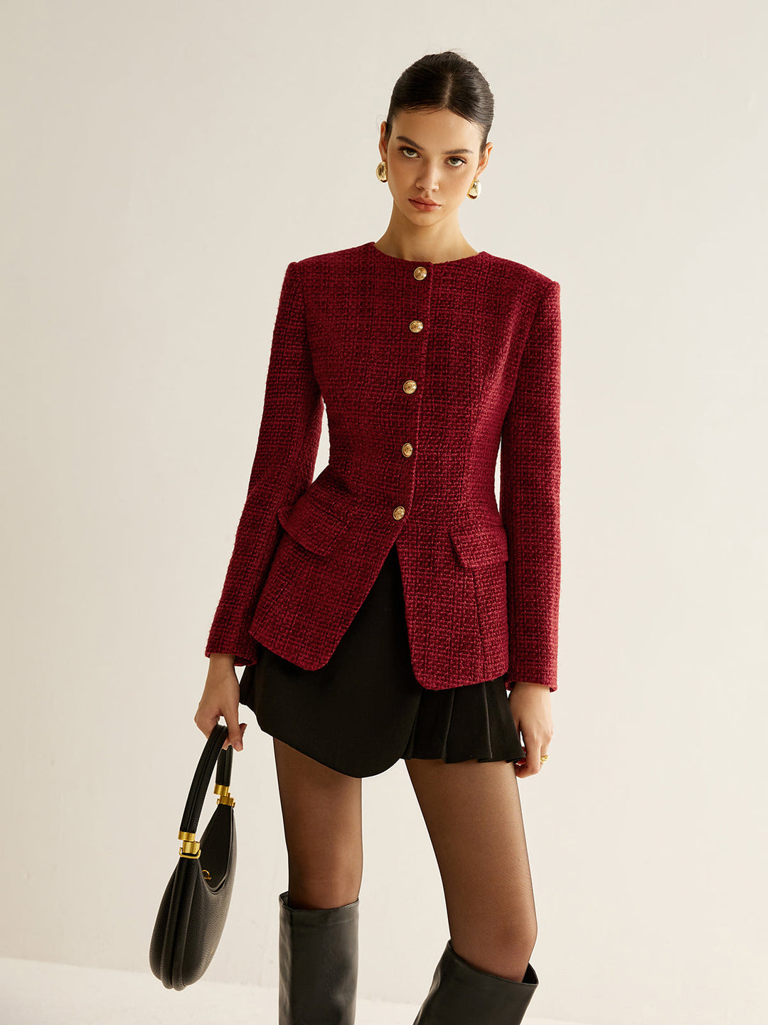 Button Down Slit Tweed Blazer  Liora Lane Boutique Blazers Burgundy / XL 170.00