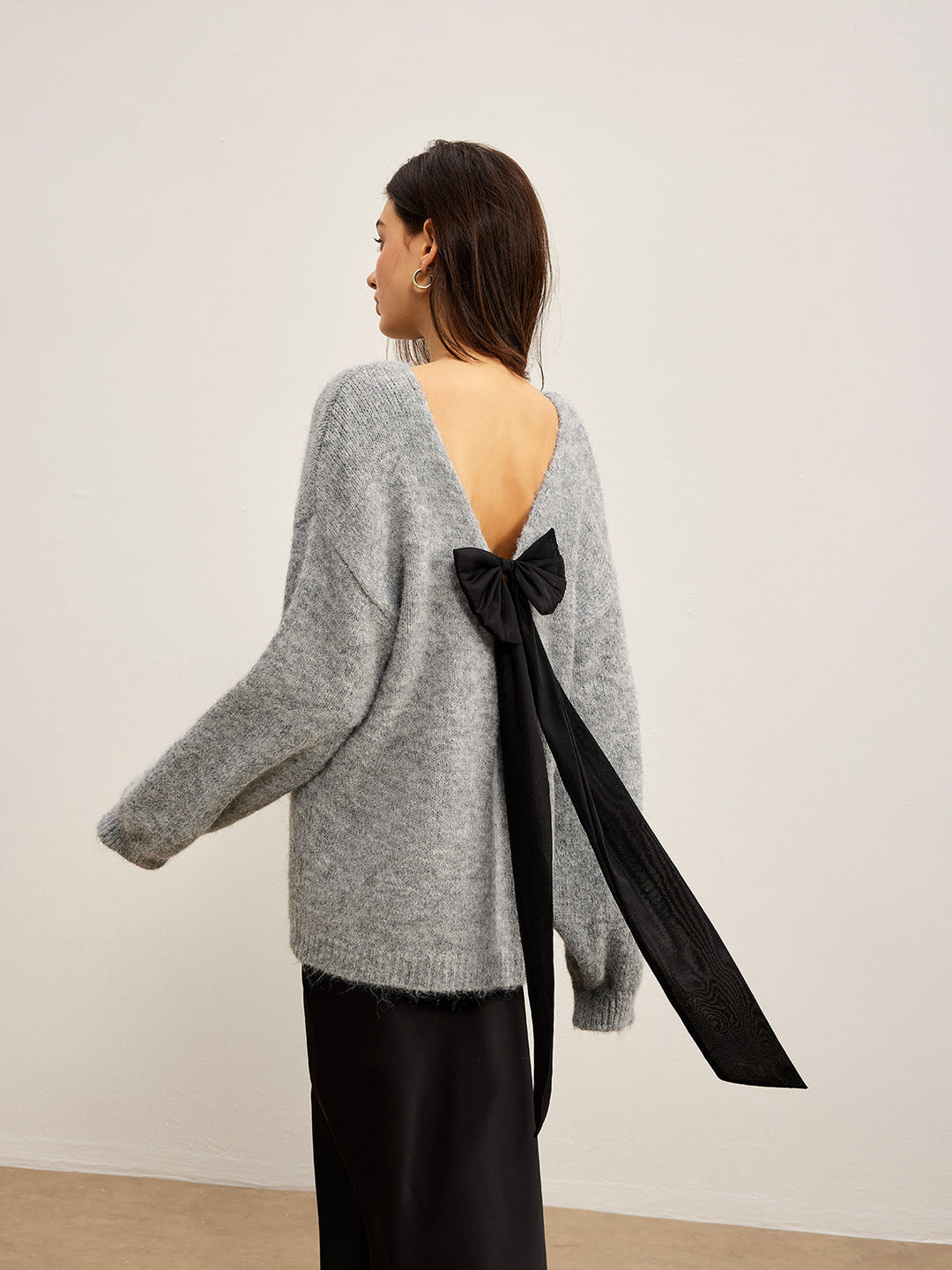 Backless Bow Shift Sweater  Liora Lane Boutique Sweaters Grey / XL 52.00